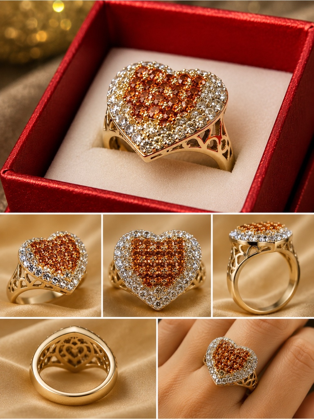 Gold Heart Ring with Orange and Clear Crystals